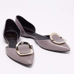 Pre Owned Roger Vivier Grey Leather D'Orsay Pointed Toe Ballet Flats Size 37.5
