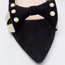 Pre Owned Roger Vivier Black Suede Lolita Pearl Embellished Bow Ballet Flats Size 38