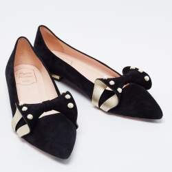 Pre Owned Roger Vivier Black Suede Lolita Pearl Embellished Bow Ballet Flats Size 38