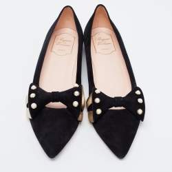 Pre Owned Roger Vivier Black Suede Lolita Pearl Embellished Bow Ballet Flats Size 38