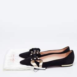 Pre Owned Roger Vivier Black Suede Lolita Pearl Embellished Bow Ballet Flats Size 38