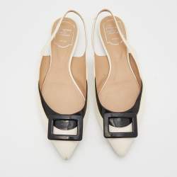 Pre Owned Roger Vivier Off-White/Black Leather Flat Slingback Sandals Size 39