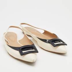 Pre Owned Roger Vivier Off-White/Black Leather Flat Slingback Sandals Size 39