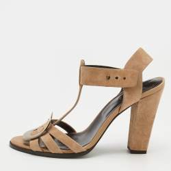 Pre Owned Roger Vivier Taupe Suede T-strap Ankle Strap Sandals Size 37.5