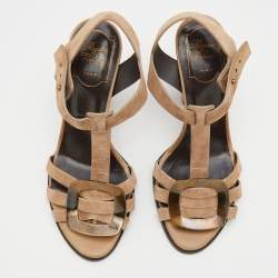 Pre Owned Roger Vivier Taupe Suede T-strap Ankle Strap Sandals Size 37.5