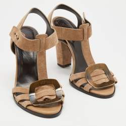 Pre Owned Roger Vivier Taupe Suede T-strap Ankle Strap Sandals Size 37.5