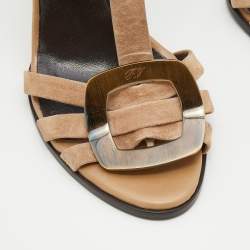 Pre Owned Roger Vivier Taupe Suede T-strap Ankle Strap Sandals Size 37.5