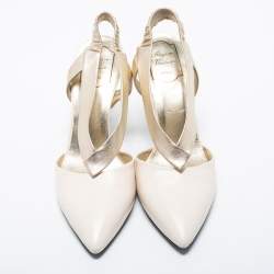 Pre Owned Roger Vivier Cream/Gold Leather V Type Pointed Toe Slingback Pumps Size 40