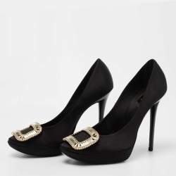 Pre Owned Roger Vivier Black Satin Limelight Buckle Pumps Size 38.5