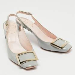 Pre Owned Roger Vivier Grey Patent Leather Belle Vivier Slingback Pumps Size 37.5 