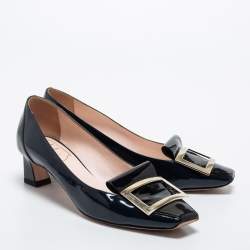 Pre Owned Roger Vivier Black/Navy Blue Patent Leather Buckle Detail Pumps Size 37.5