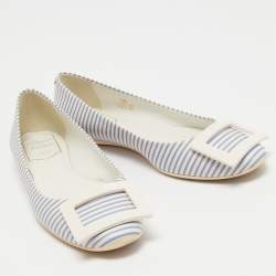 Pre Owned Roger Vivier White/Blue Striped Leather Gommette Ballet Flats Size 36