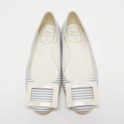Pre Owned Roger Vivier White/Blue Striped Leather Gommette Ballet Flats Size 36