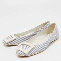 Pre Owned Roger Vivier White/Blue Striped Leather Gommette Ballet Flats Size 36