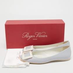 Pre Owned Roger Vivier White/Blue Striped Leather Gommette Ballet Flats Size 36