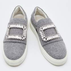 Roger Vivier Grey Fabric Crystal Embellished Slip On Sneakers Size 37
