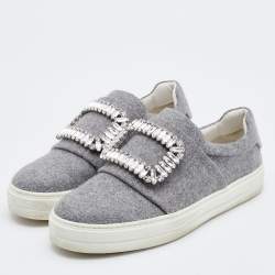 Roger Vivier Grey Fabric Crystal Embellished Slip On Sneakers Size 37