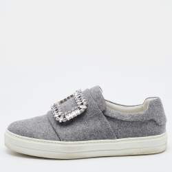 Roger Vivier Grey Fabric Crystal Embellished Slip On Sneakers Size 37