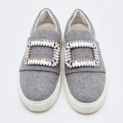 Roger Vivier Grey Fabric Crystal Embellished Slip On Sneakers Size 37
