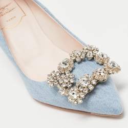 Pre Owned Roger Vivier Light Blue Denim Crystal Embellished Pointed Toe Pumps Size 35
