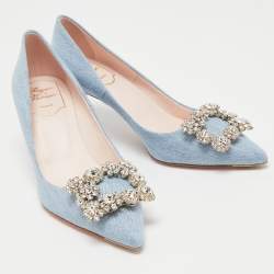 Pre Owned Roger Vivier Light Blue Denim Crystal Embellished Pointed Toe Pumps Size 35