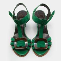 Roger Vivier Green Suede T-Strap Sandals Size 39