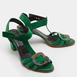 Roger Vivier Green Suede T-Strap Sandals Size 39