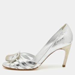 Roger Vivier Metallic Silver Leather Open Toe Pumps Size 38.5