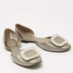 Pre Owned Roger Vivier Grey Satin Crystal Embellished Chips D'orsay Flats Size 38