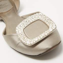 Pre Owned Roger Vivier Grey Satin Crystal Embellished Chips D'orsay Flats Size 38
