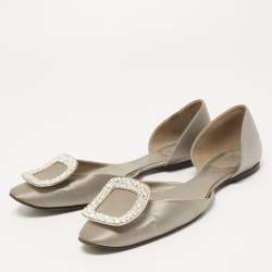 Pre Owned Roger Vivier Grey Satin Crystal Embellished Chips D'orsay Flats Size 38
