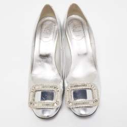 Pre Owned Roger Vivier Silver Leather Crystal Embellished Trompette Pumps Size 40
