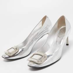Pre Owned Roger Vivier Silver Leather Crystal Embellished Trompette Pumps Size 40