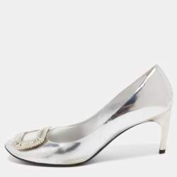 Pre Owned Roger Vivier Silver Leather Crystal Embellished Trompette Pumps Size 40
