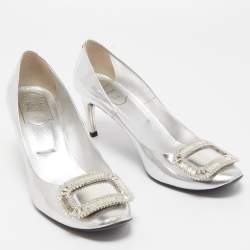 Pre Owned Roger Vivier Silver Leather Crystal Embellished Trompette Pumps Size 40