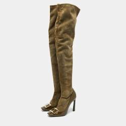 Roger Vivier Olive Green Patent Leather and Suede Over The Knee Length Boots Size 40