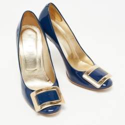 Pre Owned Roger Vivier Navy Blue Patent Leather Trompette Pumps Size 37
