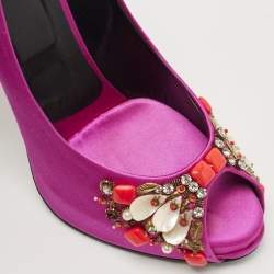 Pre Owned Roger Vivier Pink Satin Fuschia Embellished Peep Toe Pumps Size 39