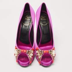 Pre Owned Roger Vivier Pink Satin Fuschia Embellished Peep Toe Pumps Size 39