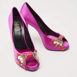 Pre Owned Roger Vivier Pink Satin Fuschia Embellished Peep Toe Pumps Size 39