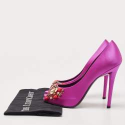 Pre Owned Roger Vivier Pink Satin Fuschia Embellished Peep Toe Pumps Size 39