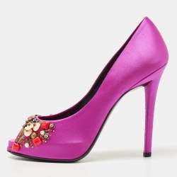 Pre Owned Roger Vivier Pink Satin Fuschia Embellished Peep Toe Pumps Size 39