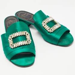 Pre Owned Roger Vivier Green Satin Tiffany Slide Sandals Size 40