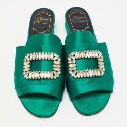 Pre Owned Roger Vivier Green Satin Tiffany Slide Sandals Size 40