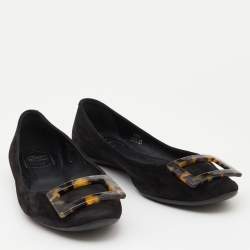 Roger Vivier Black Suede Tortoise Shell Buckle Ballet Flats Size 39.5
