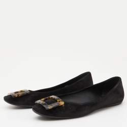 Roger Vivier Black Suede Tortoise Shell Buckle Ballet Flats Size 39.5