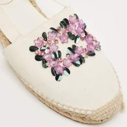 Pre Owned Roger Vivier White Canvas Embellished Lace Up Espadrille Flats Size 39
