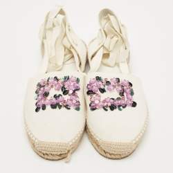 Pre Owned Roger Vivier White Canvas Embellished Lace Up Espadrille Flats Size 39