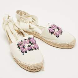 Pre Owned Roger Vivier White Canvas Embellished Lace Up Espadrille Flats Size 39