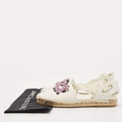 Pre Owned Roger Vivier White Canvas Embellished Lace Up Espadrille Flats Size 39